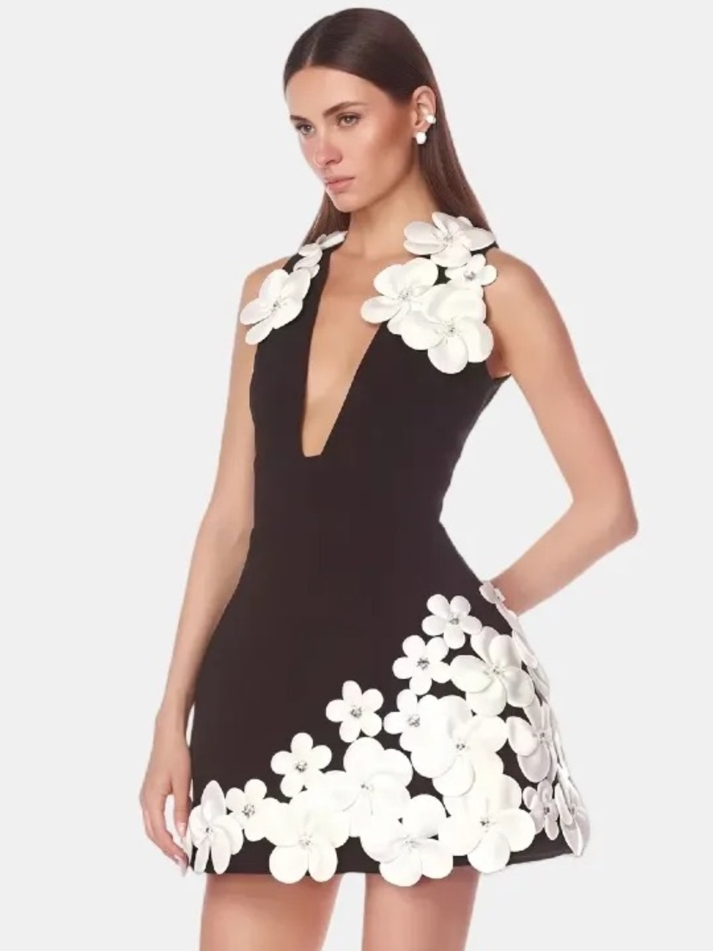 Bronx and Banco Estelle Black White 3D Floral Applique Mini Dress Size Small - Picture 7 of 16
